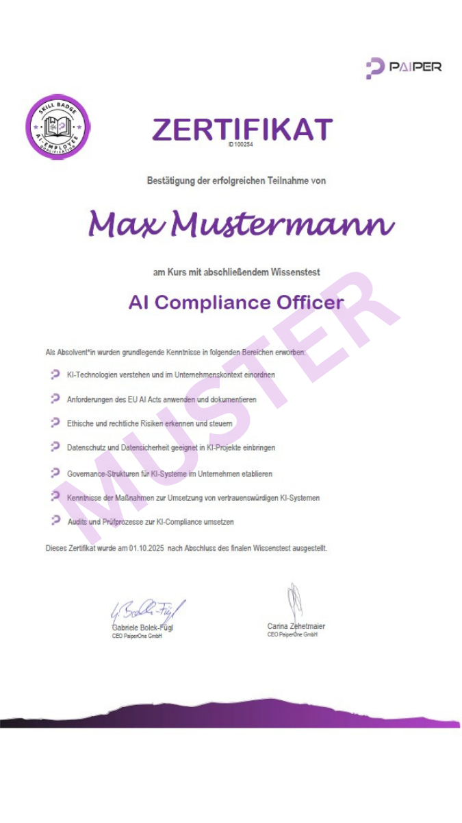 Musterzertifikat „Certified AI Compliance Officer